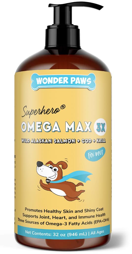 Wonder Paws Fish Oil for Dogs - Oméga 3 pour les chiens du saumon, de la morue et de l'huile de krill de l'Alaska - Acide gras de l'EPA DHA - Moins de broyage et de démangeaisons - Peau, articulaire, immunitaire et santé du coeur - Supplément liquide (32 oz)