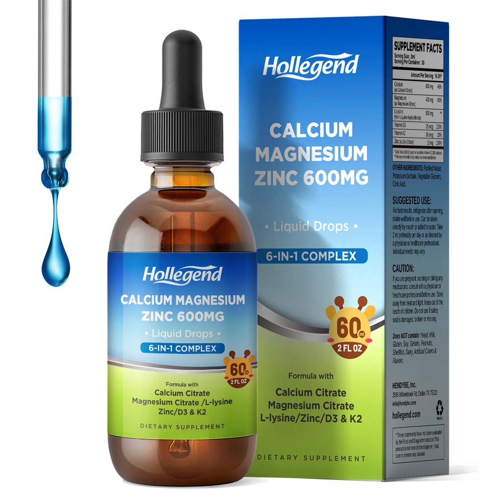 Citrate de calcium liquide gouttes avec L-Lysine 500mg, Magnésium et zinc, Citrate de calcium 600mg supplément avec vitamine D3 et K2 pour les enfants et les adultes, 2 Fl Oz