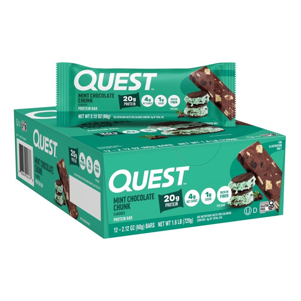 Quest Nutrition Mint Chocolate Chunk Protein Bars, 20g Protein, 1g Zucker, 4g Net Carb, Glutenfrei, Keto Friendly, 12 Count