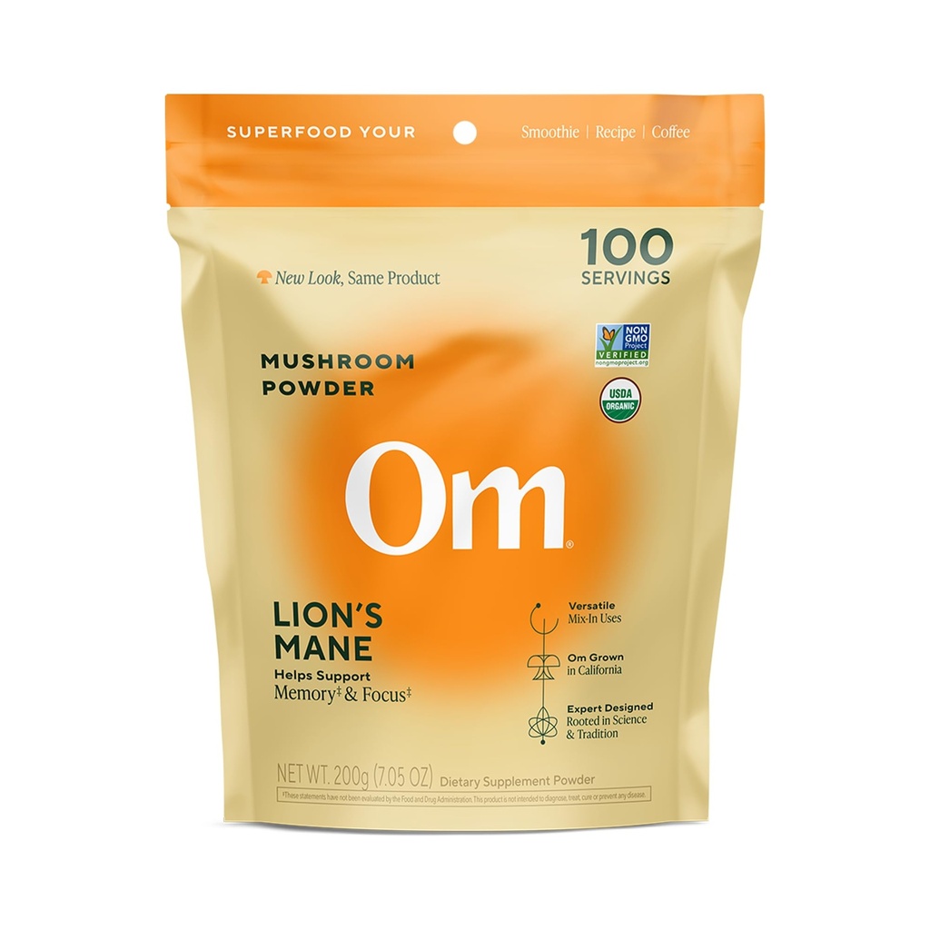 Om Lion's Mane Mushroom Powder - Organic Mushroom Supplement und Nootropic - Support Memory, Focus und Nerve Health, 7.05 Unze (100 Servierungen)