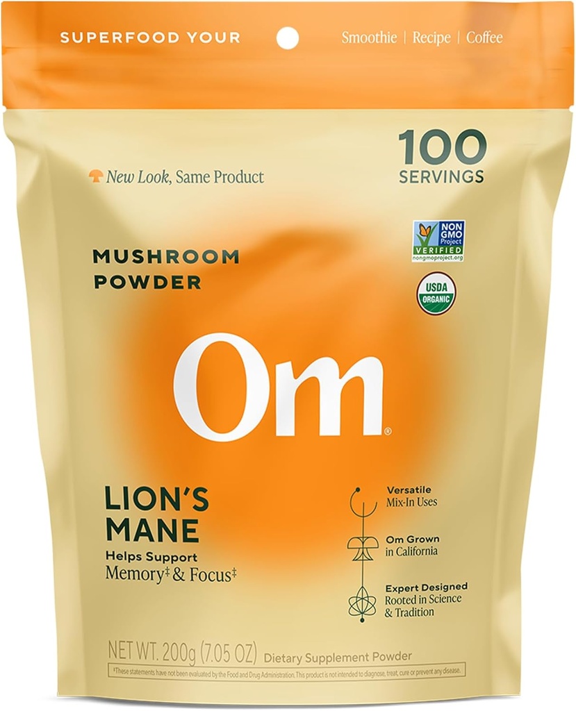 Poudre de champignons de la Mane de Om Lion - Supplément de champignons biologiques et Nootropic - Soutien Mémoire, Focus et Nerve Health, 7,05 oz (100 portions)