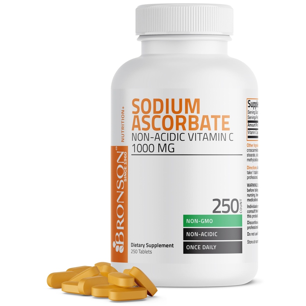 Bronson Sodium Ascorbate Non Acidic Vitamin C 1000 Mg Tabletten - Gentle On The Stomach - Immunsystem Booster - Leistungsstarkes Antioxidans - Non GMO Vitamin C Supplement, 250 Count