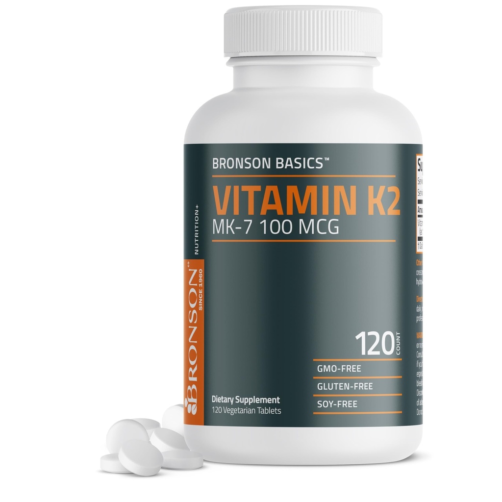 Bronson Vitamin K2 MK-7 100 MCG, K2 als MK7 Menaquinone, Knochenunterstützung Non-GMO, 120 Tabletten