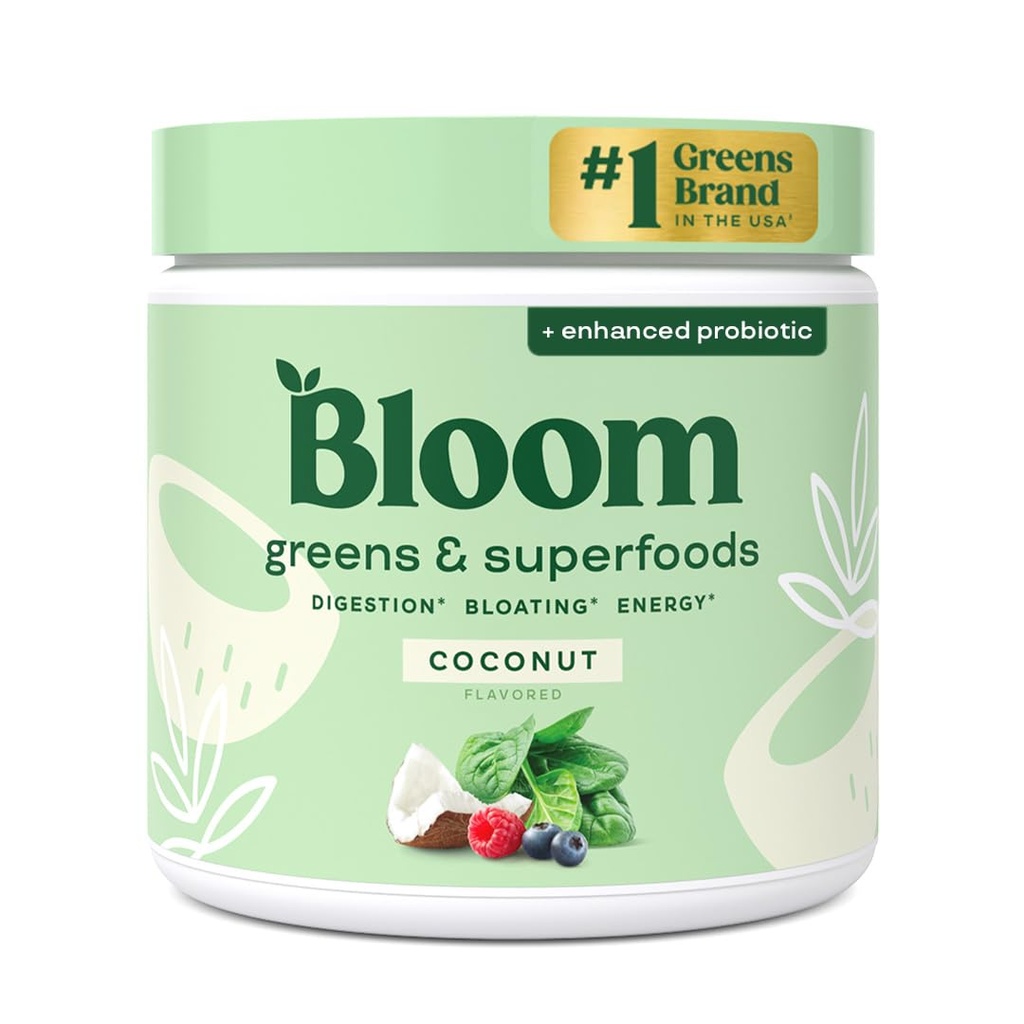 Bloom Nutrition Superfood Greens Poudre, enzymes digestives avec probiotiques et prébiotiques, Gut Health, Bloating Relief pour les femmes, Chlorella, Mélange de jus vert avec poudre de racine de betterave, 30 SVG, noix de coco