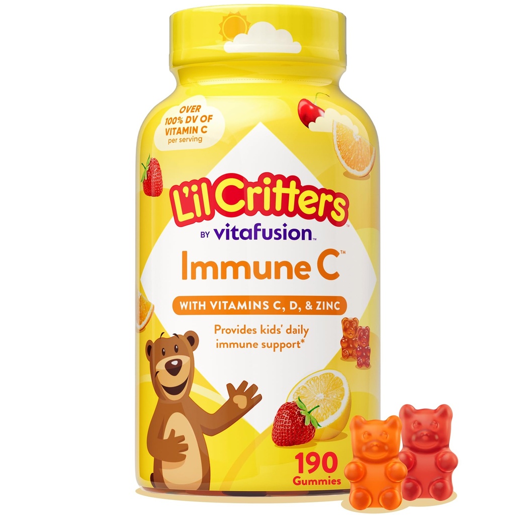 L’il Critters Immune C Daily Gummy Supplement Vitamin für Kinder, für Vitamin C, D und Zink für Immununterstützung, Orange, Zitronen, Erdbeere und Kirsche Flavors, 190 Gummi (Packaging Mai Vary)