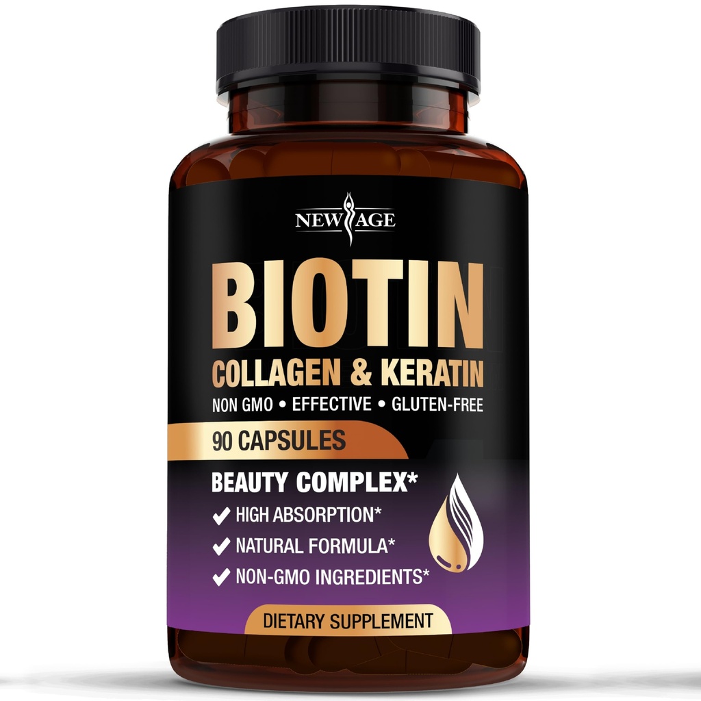 NOUVEAU AGE Biotine Collagène Keratin Acide hyaluronique - Vitamines de croissance capillaire de 50 000 mcg pour les hommes et les femmes, les ongles, les cheveux, les vitamines de la peau et Blocker DHT avec vitamine E Acide folique Graine de citrouille MSM - 90 Compte