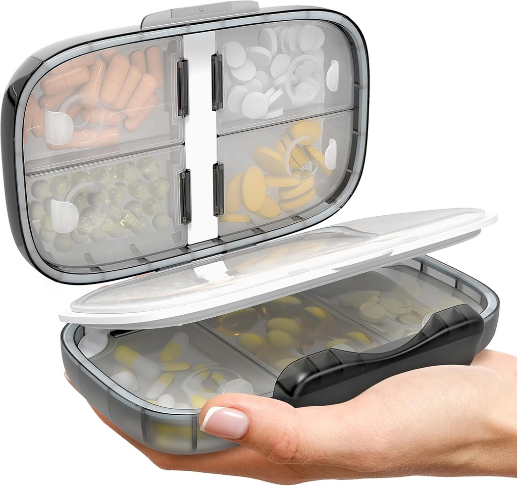 Travel Pill Organizer - luftdichte Medizin Fall für Reisen Portable Pharmacy Box mit Etiketten Vitamin Container 8 Kompartment Supplement Medication Holder Large Capacity Daily (Black-2)