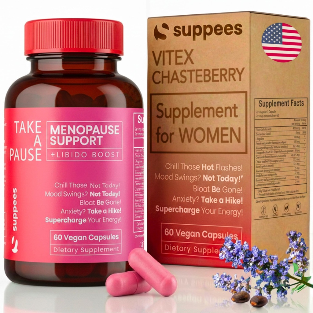 Vitex Chasteberry Supplement for Women – Non-Hormonal Menopause Support with Ashwagandha, Maca & Rhodiola – Hot Flashes, Night Sweats & Mood Support – Vegan, 60 Days Supply