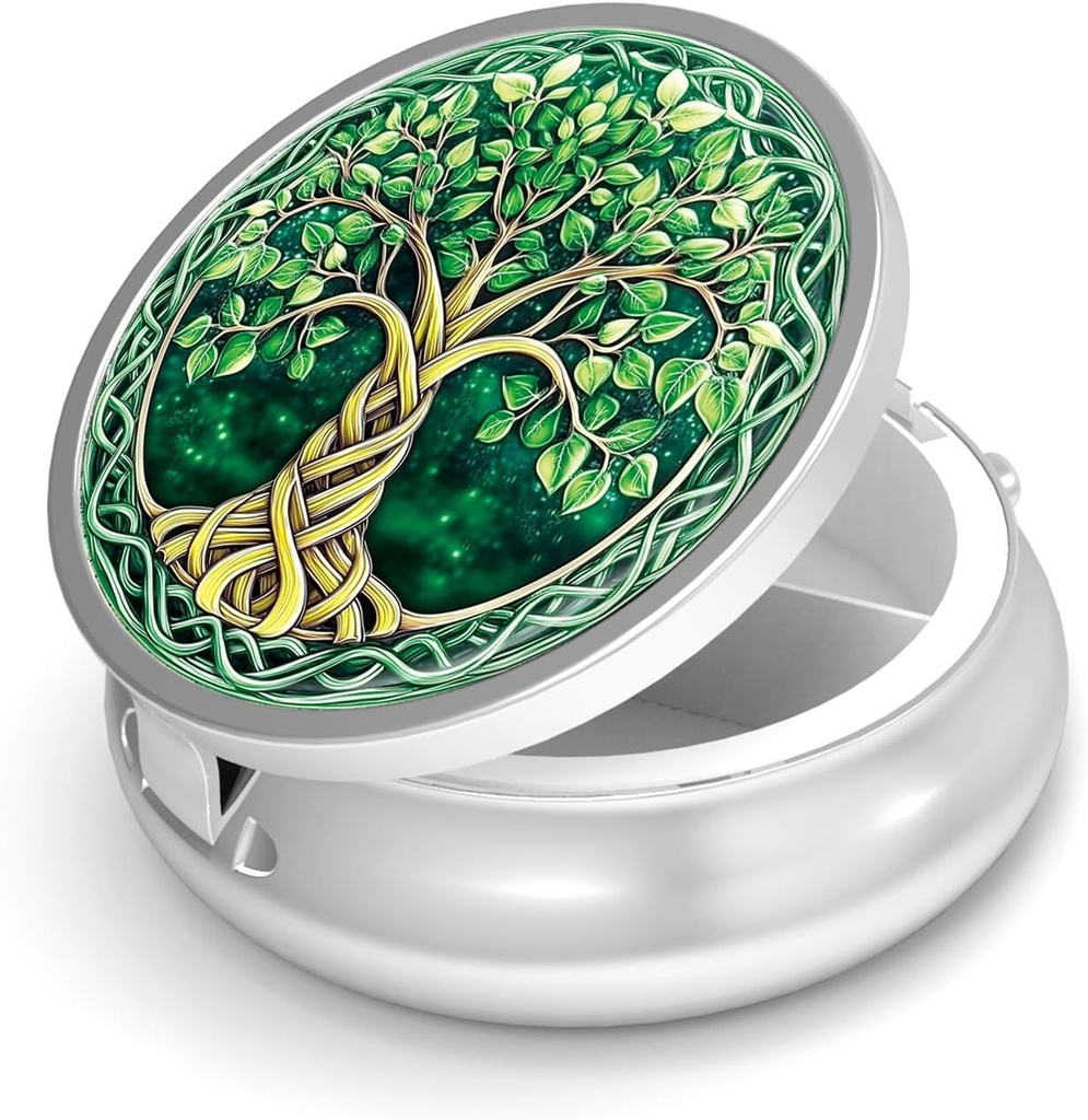 Pille Box-3 Compartment Small Pill Case für Geldbeutel &amp; Tasche Mini Metall Pillenhalter Reisen Pillen Container Nahrungsergänzungsmittel Vitamine BPA-frei (Tree of Life)