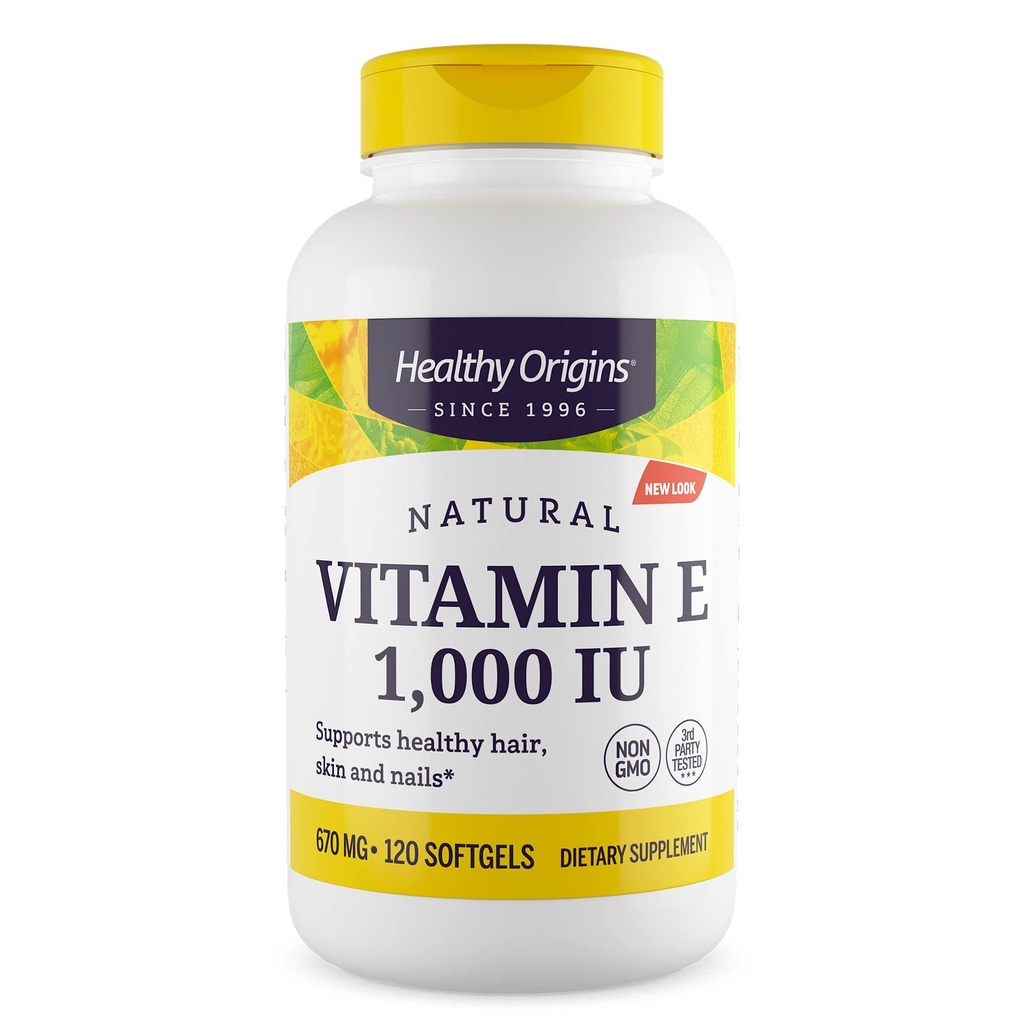 Healthy Origins Vitamin E, 1,000 IU (Natural) Mixed Tocopherols - Vitamin E Supplement - Gluten-Free & Non-GMO Skin, Hair & Nails Vitamin - 120 Softgels