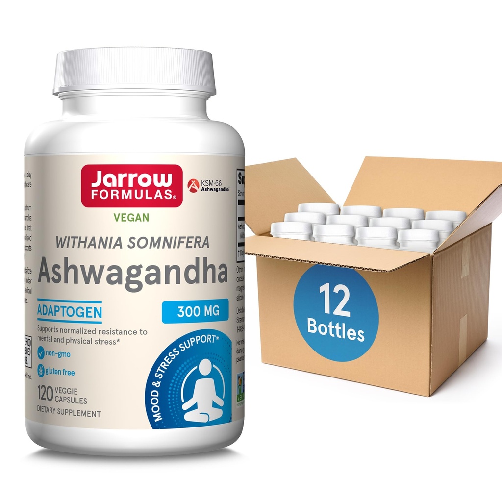 Formules de Jarrow Ashwagandha 300 mg - 120 Capsules de Veggie - Santé globale et résistance à la fatigue - Le supplément soutient l'endurance, la récupération musculaire et la santé cognitive - 60 portions (paquet de 12)