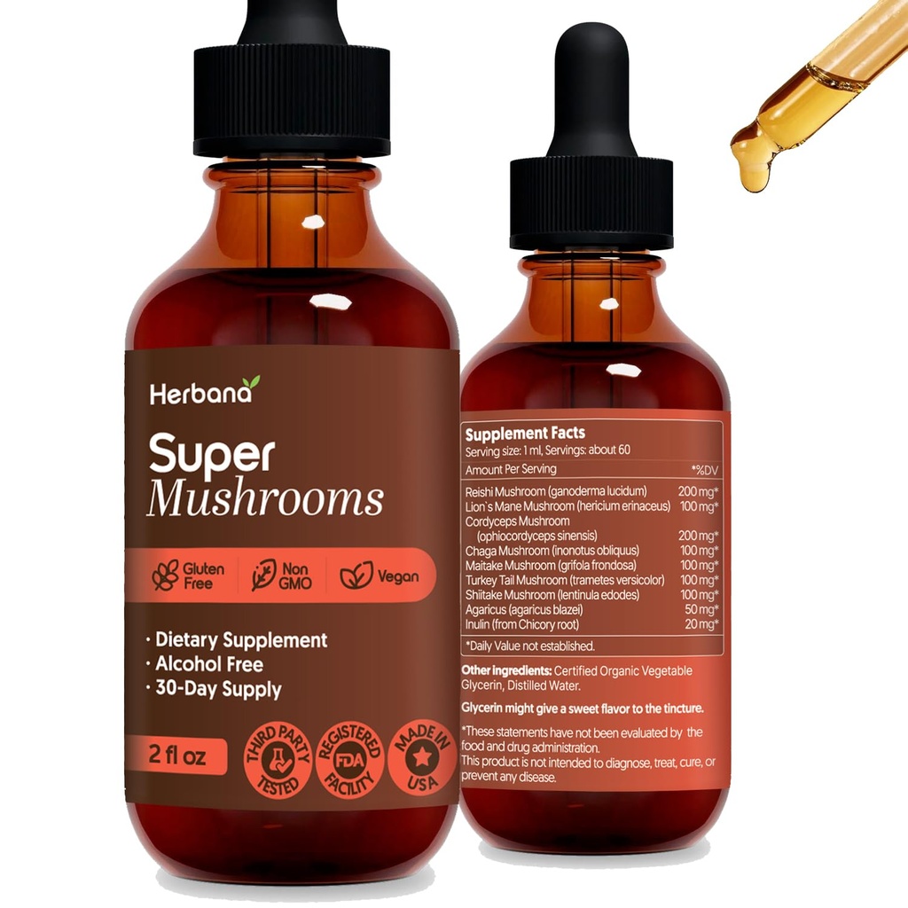 Super Pilze 8-in1 - 2 fl oz Flüssiger Extrakt - Brain Booster & Immun Support Drops - Reishi, Lion`s Mane, Cordyceps, Chaga, Mitake, Türkei Tails, Shiitake, Agaricus - Hohe Potenz - 45-Day Supply