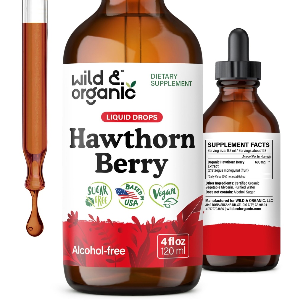 Wild & Organic Hawthorn Berry Tincture 600 mg - Flüssige Hawthorne Berry-Ergänzung für Gesamtunterstützung - Vegan, Zucker & Alkoholfreie Obst-Extrakt Tropfen - 4 fl oz