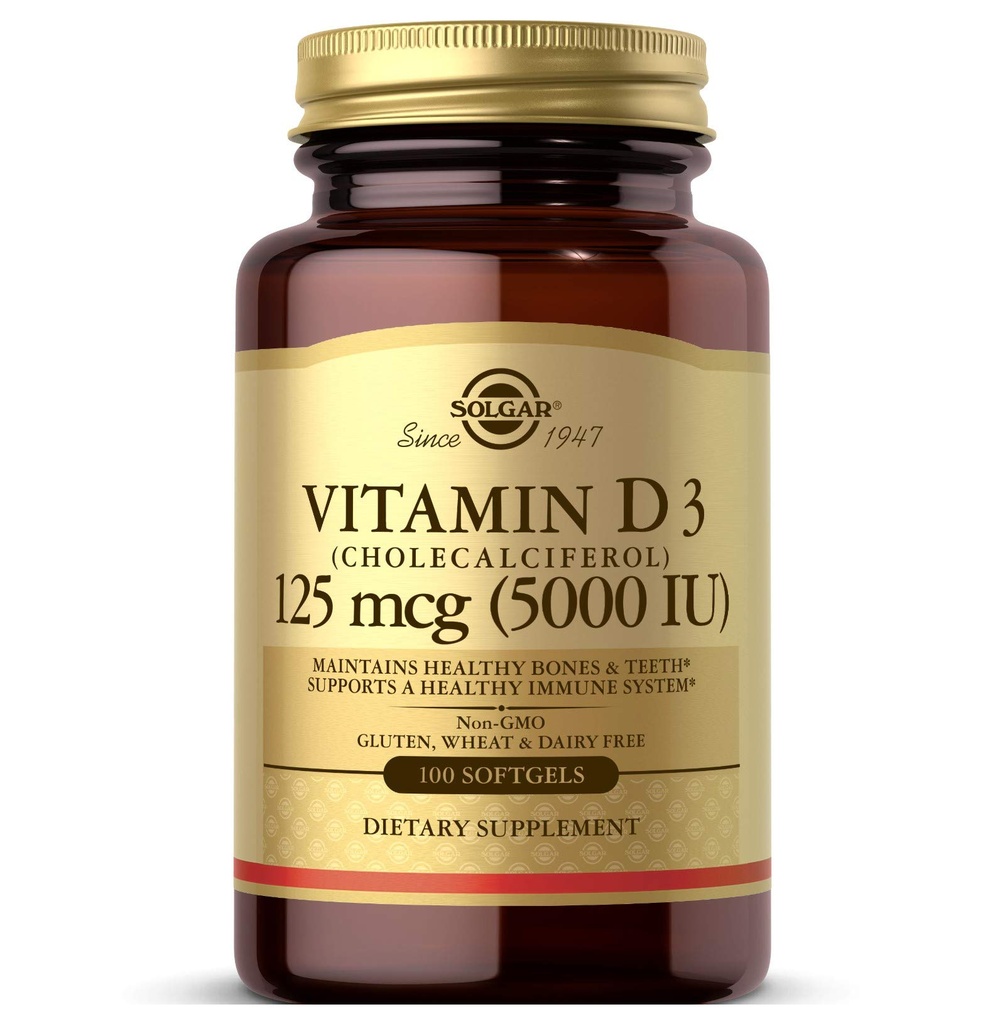 Solgar Vitamine D3 (Cholecalciferol) 125 MCG (5000 UI), 100 softgels - Aide à maintenir des os et des dents sains - Système immunitaire - Non OGM, sans gluten, sans lait - 100 portions