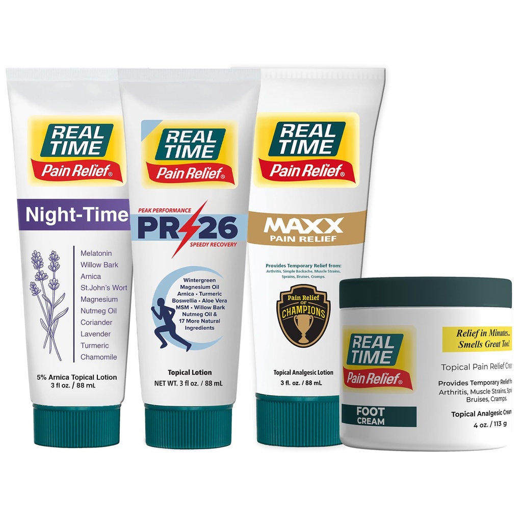 Real Time Pain Relief Convenience Pack: 3oz MAXX Glide, 3oz PR-26 Glide, 3oz Night Time Glide & 4oz Foot Cream for Hands, Feet, Ankles, Back, Shoulders, Knees & Joints Relief