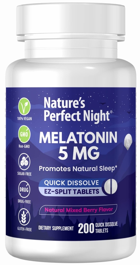 La nuit parfaite de la nature: Melatonine 5mg: 200 Comprimés dissolvants rapides: Natural Mixed Berry Flavor: Potentialité préférée: Sans sucre: Vegan: Sans gluten: Taille de la valeur