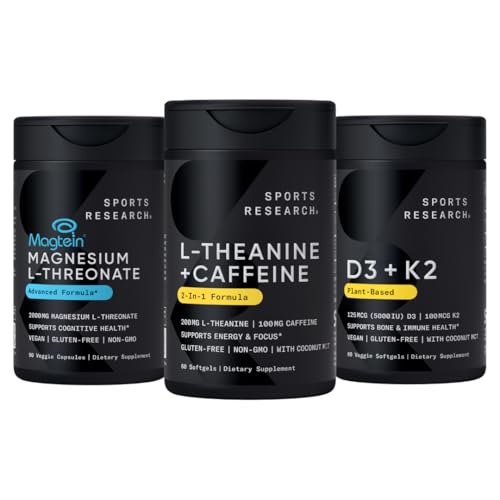 Sportforschung Magtein Magnesium L-Threonat Kapseln (2000mg, 90 Kapseln), Vegan Vitamin D3 + K2 w/Organic Coconut Oil (5000iu VIT. D 100mcg Mk7 VIT. K, 60 Softgels) und L-Theanin (200mg, 60 ct)