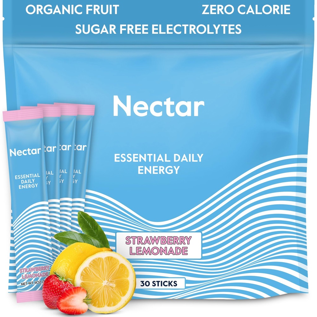 Nectar Energy Booster - Organic Caffeine, B12 & Electrolytes - Sugar Free & Zero Calorie – Healthy Coffee, Energy Drink & Soda Alternative – Hydration & Energy Supplement (Straw. Lemonade 30 Packets)