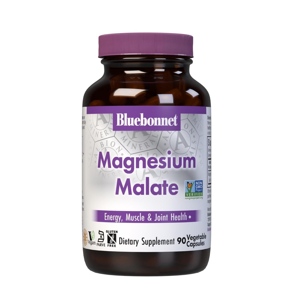 Bluebonnet Nutrition Magnésium Malate Capsules végétales - soutient l'énergie, les muscles et la santé articulaire - Non-OGM, Vegan, Kosher certifié, sans gluten, 90 Compte