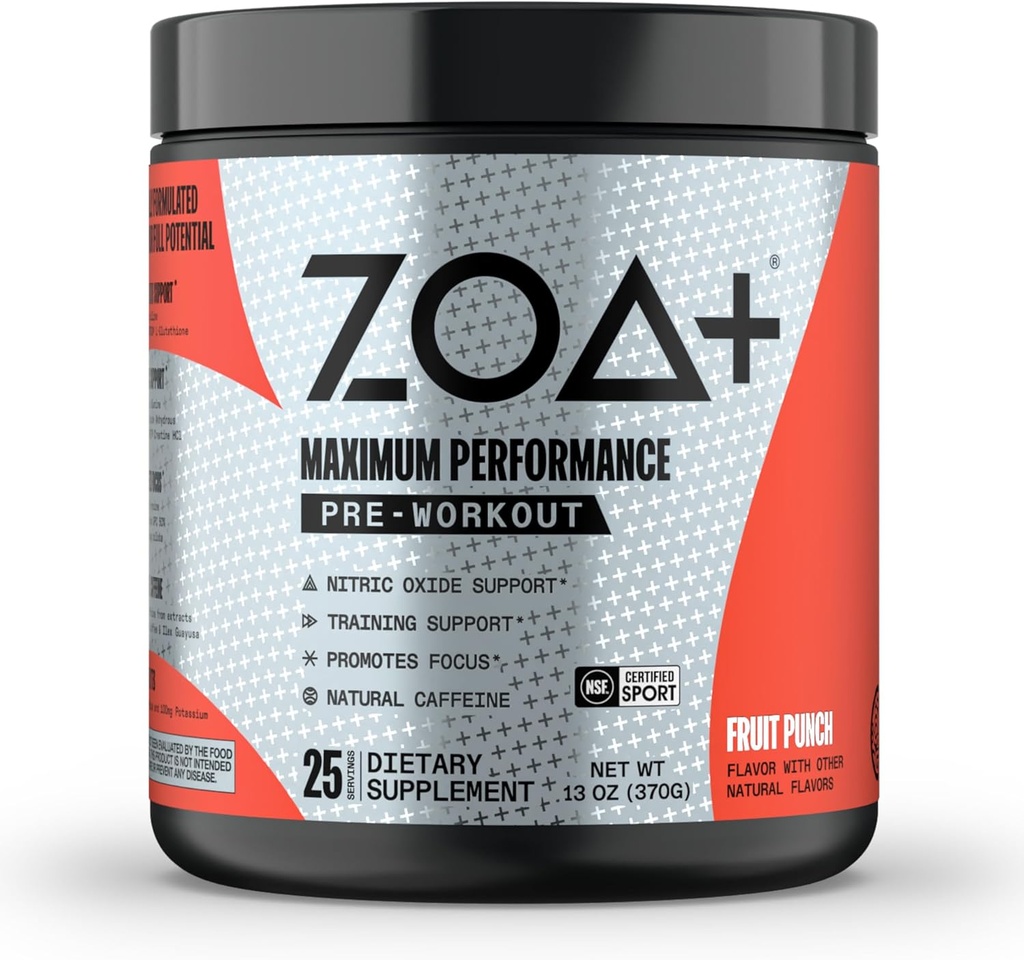 ZOA+ Zero Sugar Pre Workout Powder, Fruit Punch - NSF zertifiziert für Sport mit Elektrolyten, Kreatin, Beta Alanine, Ginkgo Biloba, 200mg Koffein - 25 Portionen