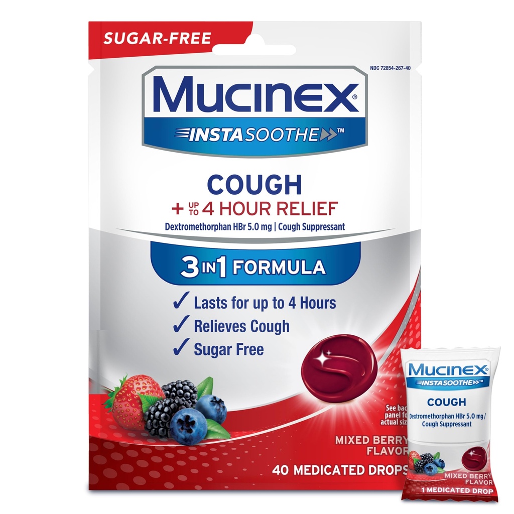 Mucinex Instasoothe gouttes de toux sans sucre, remède contre la toux pour les adultes avec dextrométhorphane HBr, gouttes de toux non menthol, Lozanges suppresseurs de la toux, gouttes de toux médicamentées de baie mixte, 40ct
