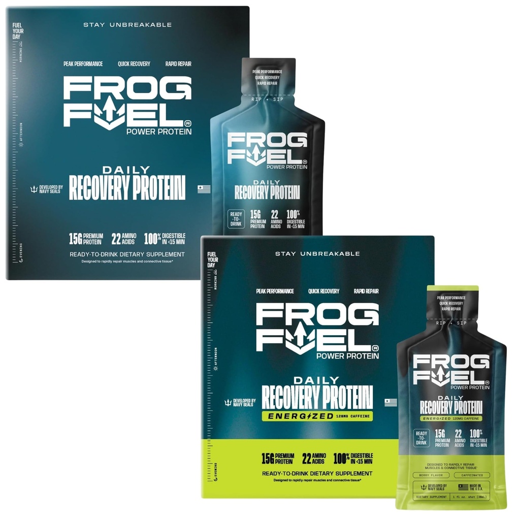Frog Fuel Power Regular & Power Energized Complete Protein Shot Bundle, 15g Protein Nano-Hydrolyzed Grass Fed Collagen, Post Workout, Fat & Sugar Free, 22 Amino Acids, Berry, 1 Unze Packets, 48 Pack