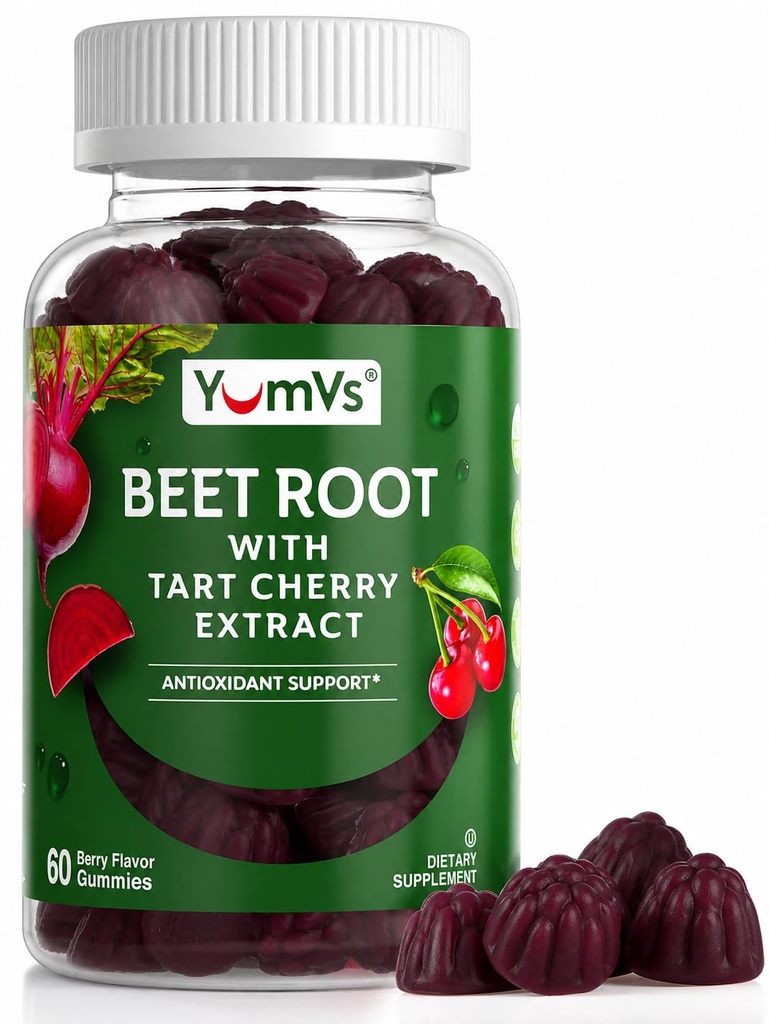 Gommies de racines de betteraves YUM-V avec extrait de cerise de tart - Gommies de betteraves à saveur de berry - Mâches de betteraves pour la circulation du sang et le soutien antioxydant - Gommies de betteraves rouges (Compte Berry 60 (paquet de 1)