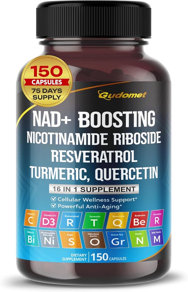 NAD+ Boosting Trans-Resveratrol Turmeric Quercetin Rosemary Bilberry Sage Green Tea Origan Nettle Lait Thistle Black Pepper -150 Capsules- Fabriqué aux États-Unis