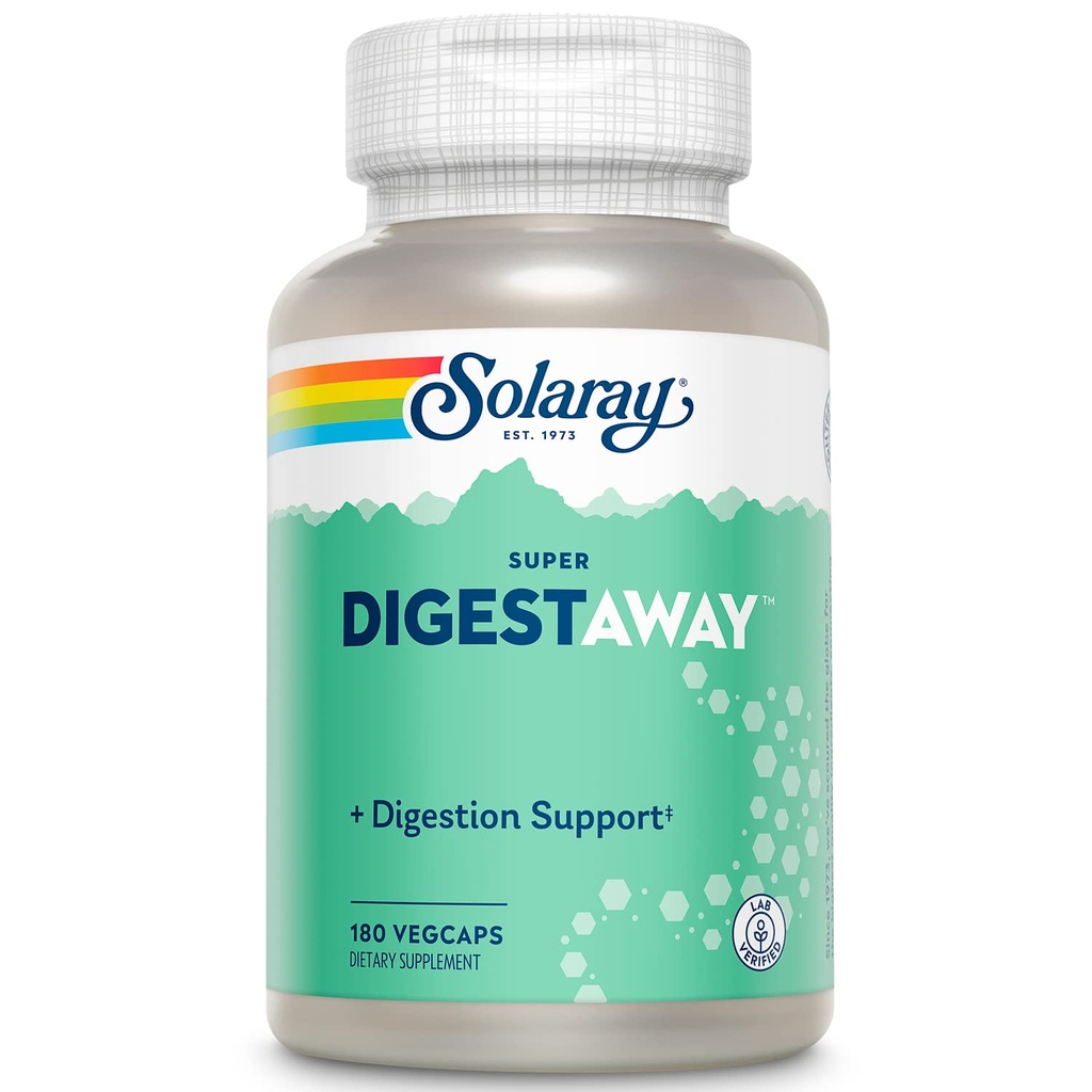 SOLARAY Super Digestaway Digestive Enzyme - Pancreatin, Papain, Ginger, Pepsin, Betaine HCl, Aloe Vera, und mehr - Verdauungs- und Nährstoffabsorptionsunterstützung - Lab Verified - 180 VegCaps