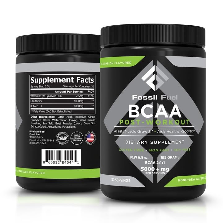 Fossil Fuel BCAA Sugar-Free Post-Workout-Pulver mit BCAA, Glutamin, Vitamin B6 Nach Workout, Aminosäuren für Muskelrückgewinnung, Endurance und Hydration, Honeydew Watermelon (30 Portionen)