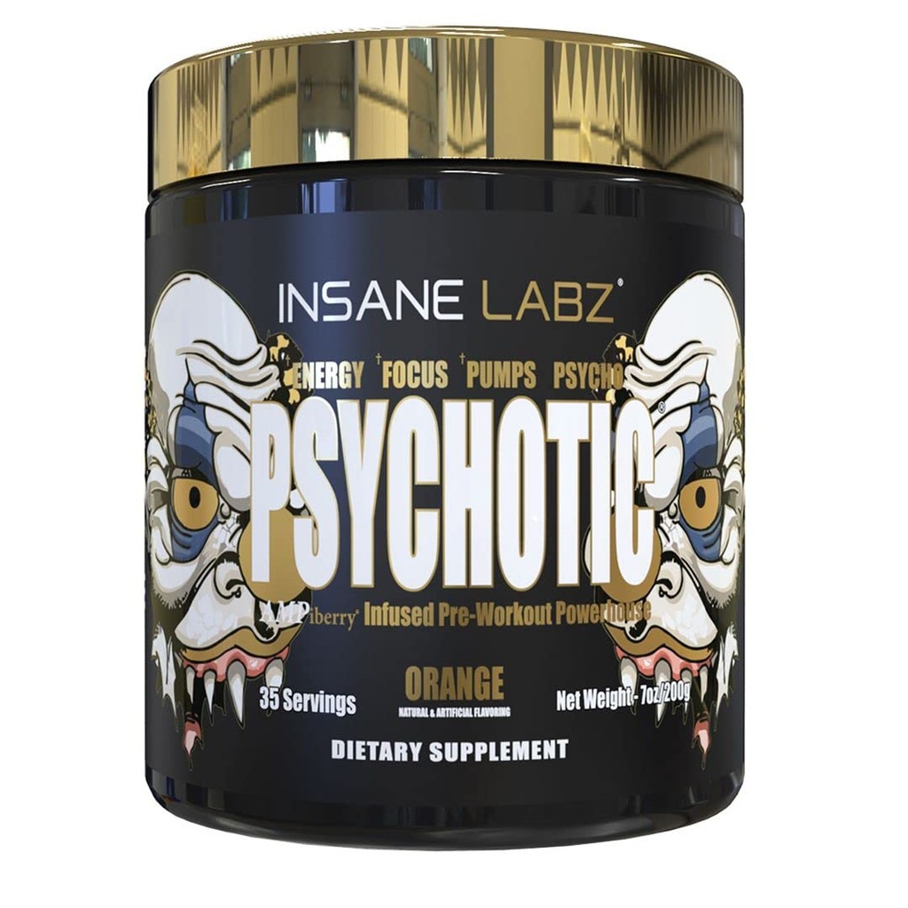 Insane Labz Psychotic Gold, High Stimulant Pre Workout Powder, Extreme Lasting Energy Focus, Pumpen und Ausdauer mit Beta Alanine, DMAE Bitartrate, NO Booster (35 Servierungen, Orange)