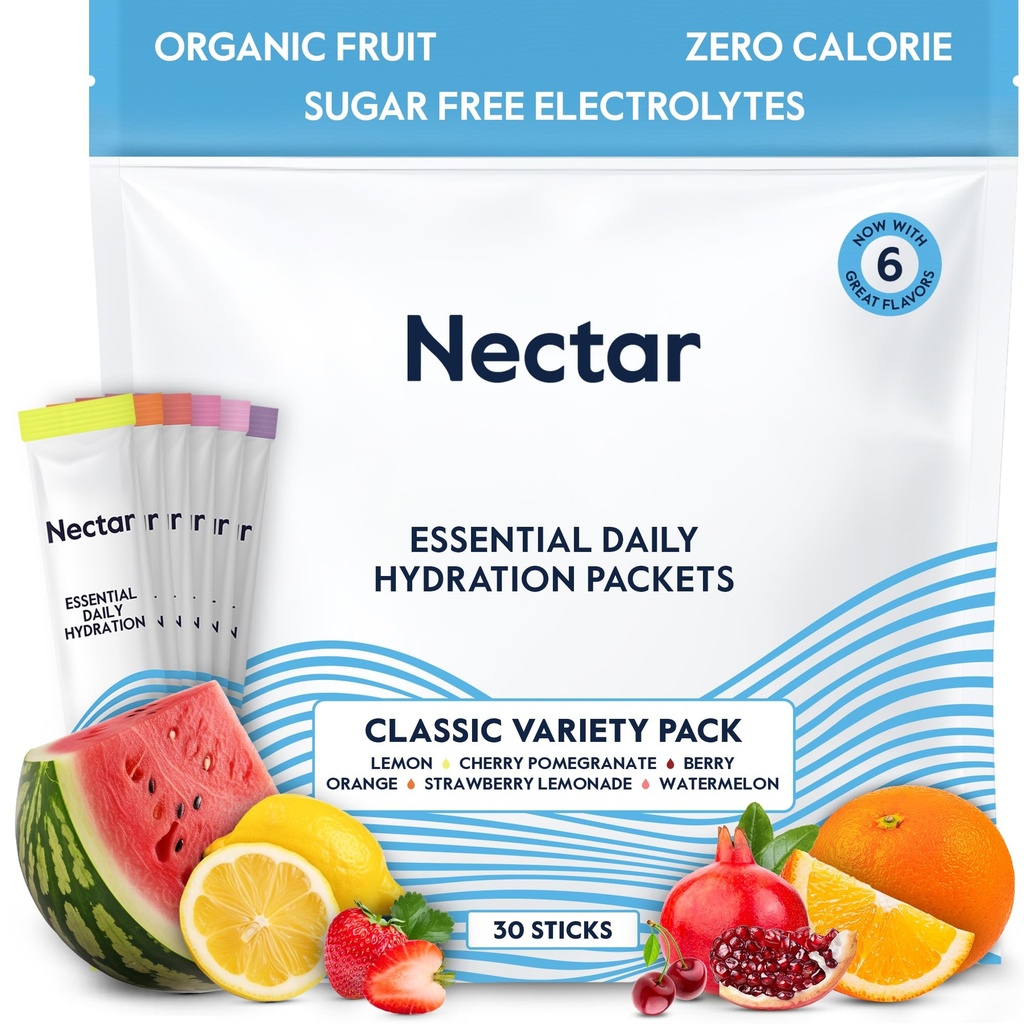 Paquets d'hydratation Nectar - Paquets de poudre d'électrolytes - Sans sucre & 0 Calorie - Fruits organiques liquides IV Poudre d'électrolytes pour le soulagement et la réhydratation de la déshydratation (Paquet Variety 30)