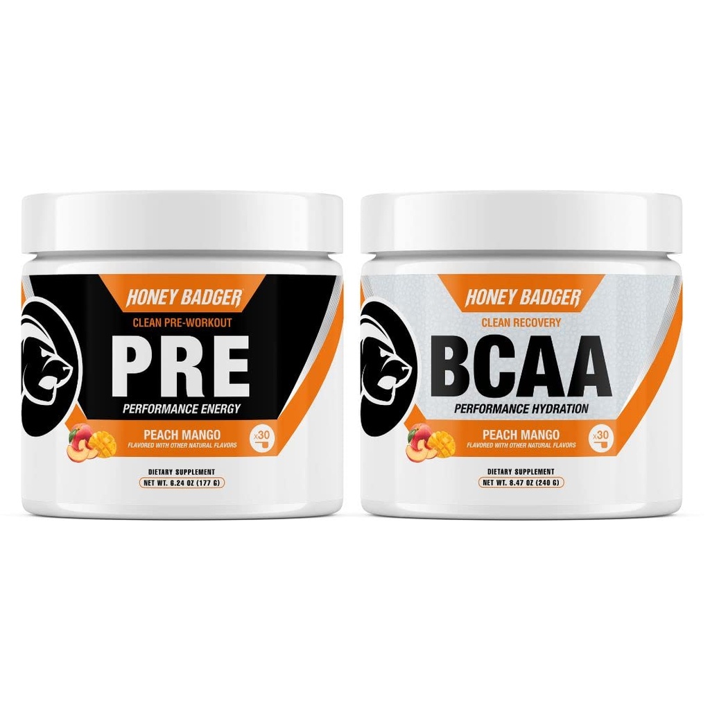 Honey Badger Vegan Keto Pre Workout and BCAA | Peach Mango | Natural Paleo Sugar Free Pump Energy Supplement Nootropics Amino Acids Nitric Oxide Sucralose Free + Non-Habit Forming | 30 Servings