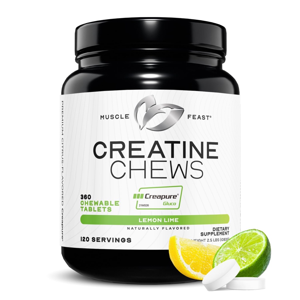 Festin musculaire Créatine monohydratée Chewables - Vegan & sans gluten Creatine Chews pour hommes et femmes - Delicious Citrus-Flavored Creatine Comprimés pour le bâtiment musculaire - Citron Lime, 360 onglets