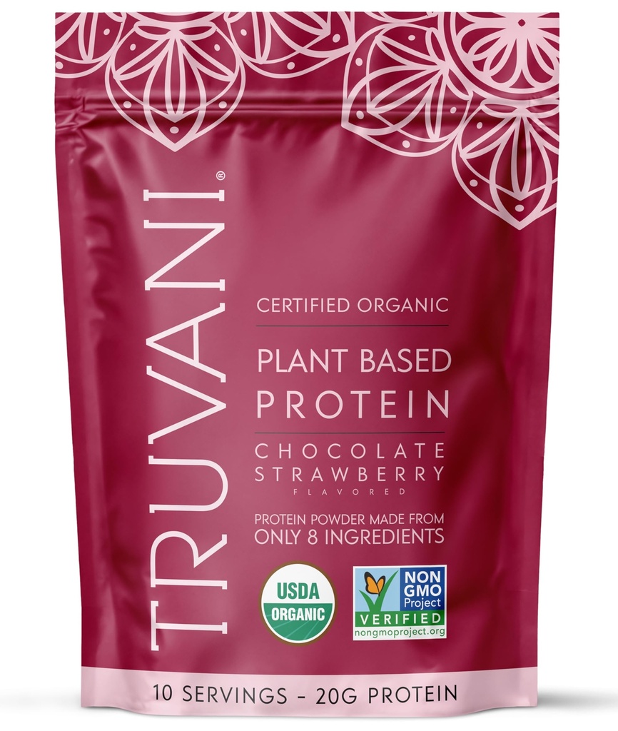 Truvani Poudre de protéines de pois végétaliens au chocolat Fraise au chocolat 20g Protéine biologique à base de plantes 10 portions