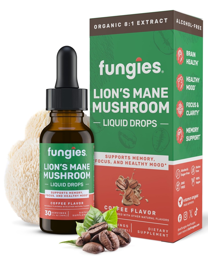 Fungies Lion's Mane Mushroom Liquid Drops, Kaffee - Tinktur mit Lions Mane Extract unterstützt Brain Fog, Focus, Memory & Healthy Mood - Pilz Complex Supplement für Erwachsene - 30 Servierungen