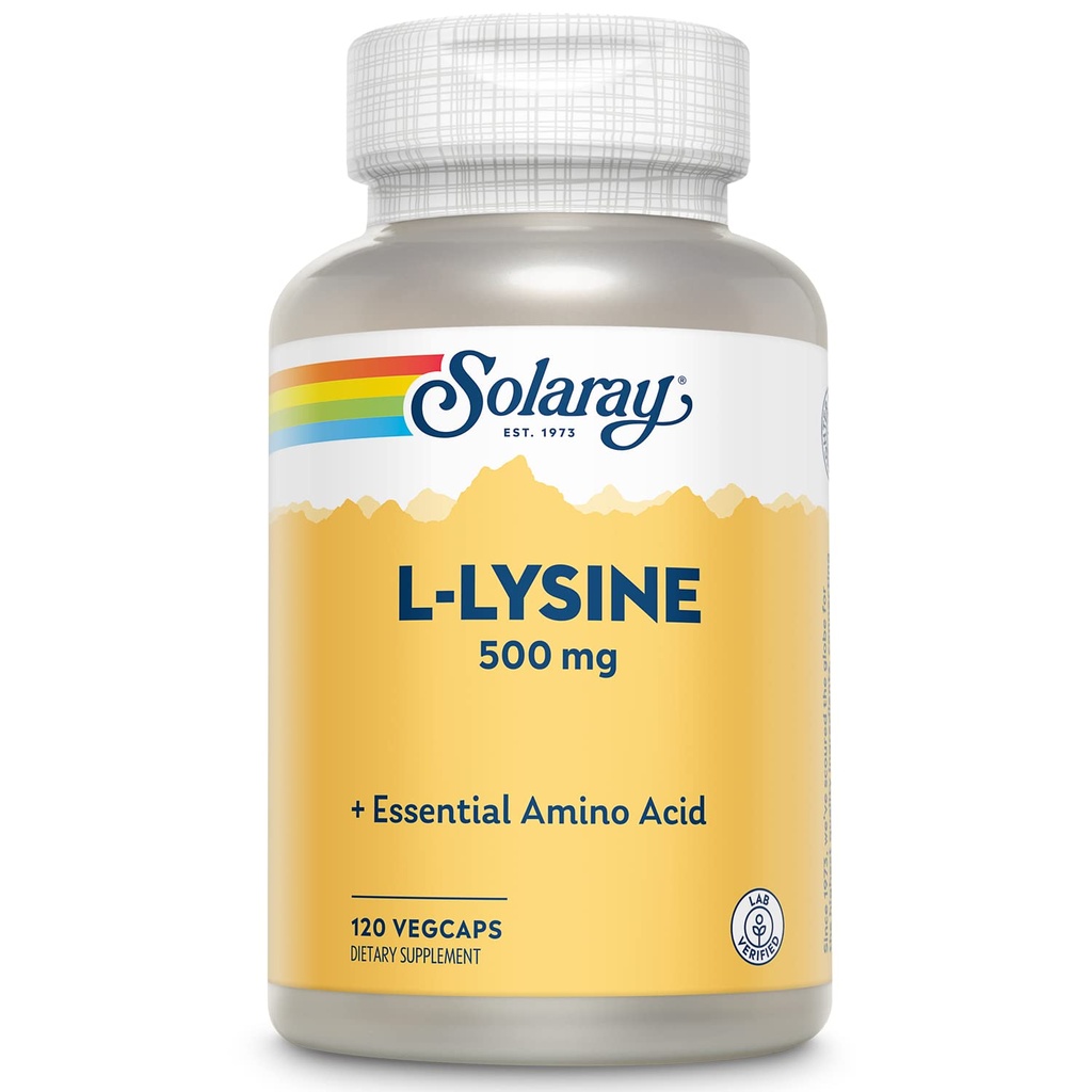 SOLARAY L Lysine 500 mg Kapseln - Free-Form Essential Amino Acids Supplement - Leistungsstarke Wellness-Unterstützung mit L-Lysine Aminosäure - Lab Verified, 60-Day Garantie, 120 Servietten, 120 VegCaps