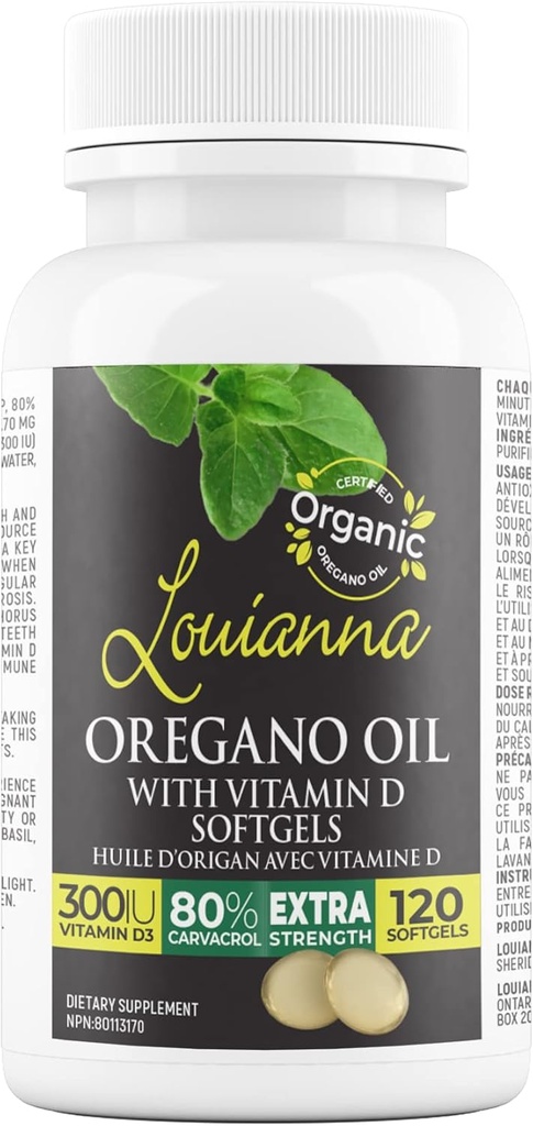 Louianna - Bio Wild Oregano Öl mit Vitamin D, Liquid Softgel Kapseln mit 80 Prozent Carvacrol, unterstützt Ihre Knochen, Immun-und Gut-Gesundheit, Kräuter-Ergänzungen, 120 Softgels