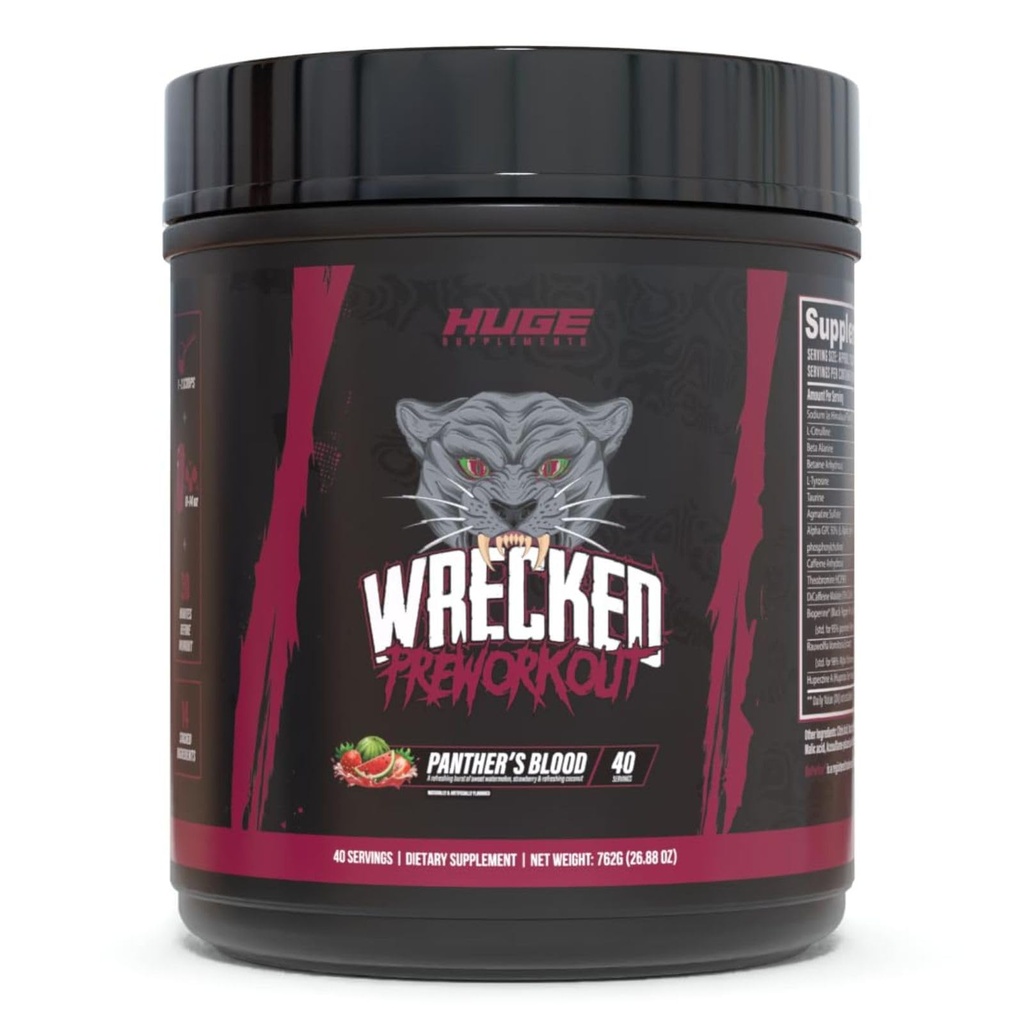 Wrecked Pre Workout, Advanced Formula, Boosts Energy, Focus, Pumps & Performance, 10g L-Citrulline, 6.4g Beta Alanine, 5g Tyrosine, 1g Alpha GPC, 375mg Fast-Acting Caffeine & More (Panther's Blood)
