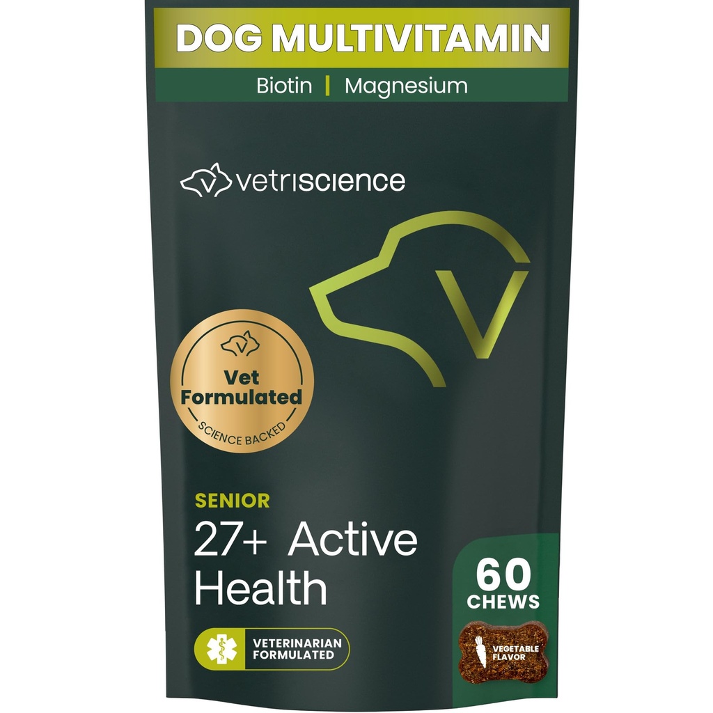 VetriScience Senior 27+ Active Health Chews, Canine Plus Daily Multivitamin für Senior Dogs, Balanced Vitamins, Minerals and Antioxidants, Healthy Aging and Wellness Support, Veggie, 60 Count