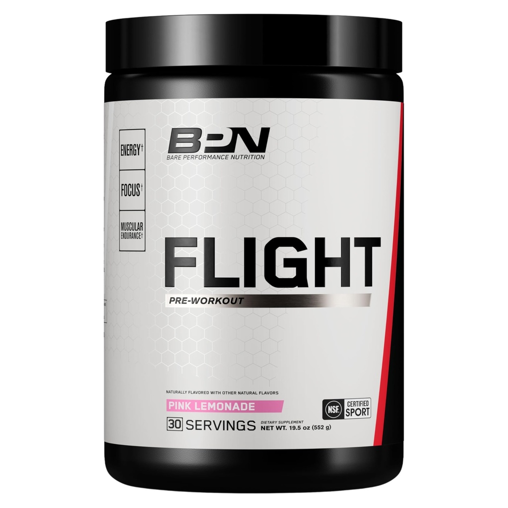 BARE PERFORMANCE NUTRITION BPN Flight Pre Workout, Unterstützt Energie und Mental Fokus, Verbesserte Endurance & Muskel-Pumpen mit CarnoSyn® Beta Alanine, Pink Lemonade, 30 Portionen