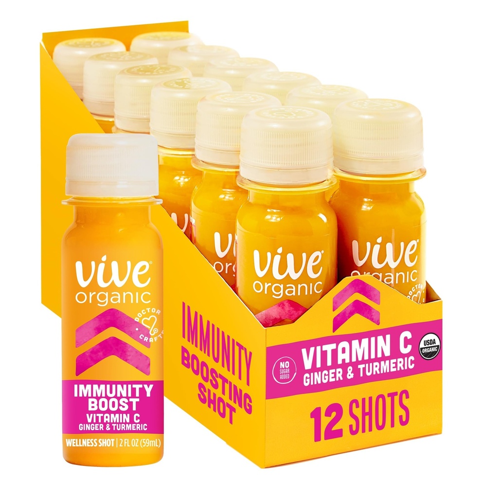 Vive Organic Vitamin C + Immune Support Shot, Cold-Pressed Turmeric, Ginger & Acerola Cherry, Gluten Free, Vegan, Immunity Boost Vitamin C, 2 Fl Oz (Pack of 12)