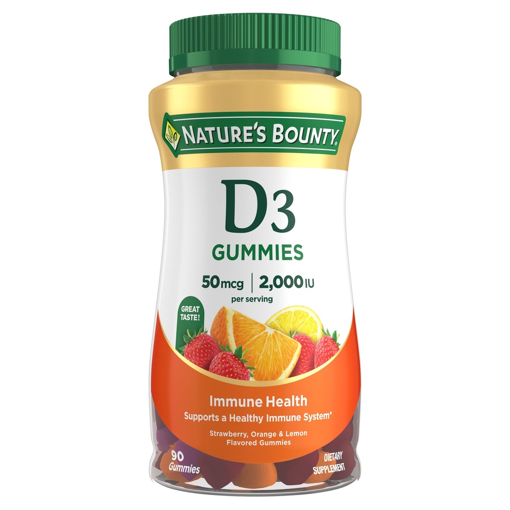 Nature's Bounty Vitamin D3 Gummis, Vitamin Supplement, Unterstützt Immungesundheit, 50mcg, 2000IU, gemischte Frucht Geschmack, 90 Gummis