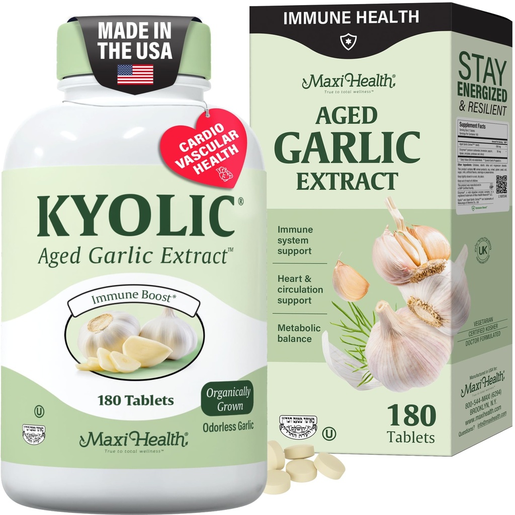Maxi Health Kyolic Organic Garlic Supplement - Kosher Garlic Tablets with Kyolic Aged Garlic Extract for Immune Support - Vegetarian Garlic Pills (180 Count)