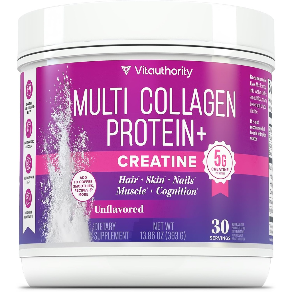 Multi Collagen Protein + Creatine | 5g Creatine Monohydrate with Collagen Types I, II, III, V & X | Hair, Skin, Nail, Muscle & Performance Support | Vitamin C & Hyaluronic Acid, 30 Servings Unflavored