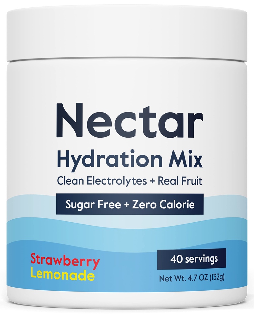 Poudre d'électrolytes sans sucre de nectar - Fruits organiques Pas de sucre ou de calories - Poudre d'hydratation pour le soulagement et la réhydratation - Keto et Paléo (Lémonade Strawberry 40)