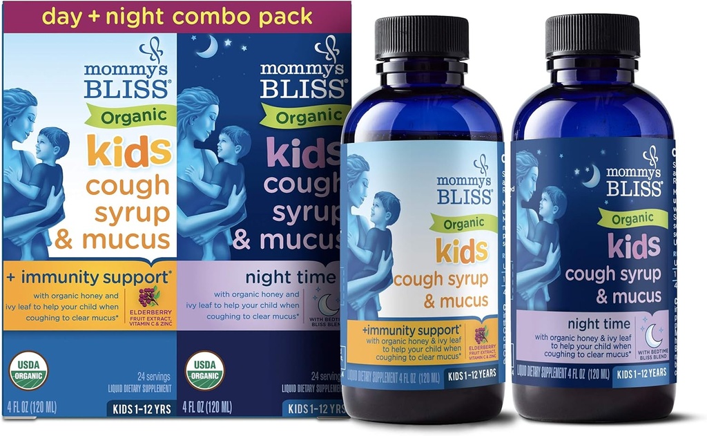 Mommy's Bliss Organic Cough Sirop & Mucus pour les enfants, Combo de jour et de nuit avec vitamine C et soutien immunitaire, contient du miel biologique et feuille Ivy, 4 Fl Oz (paquet de 2)