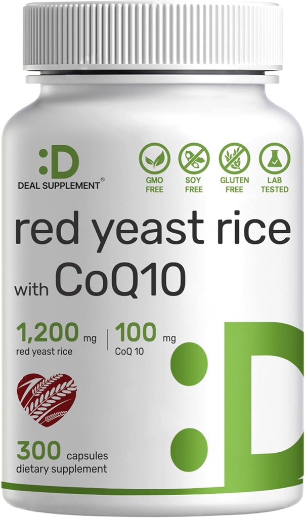 Offre supplément Riz de levure rouge 1 200mg par portion avec CoQ10, 300 Capsules – Support antioxydant – Source de poudre pur Monascus Purpureus – Sans citrine, sans OGM