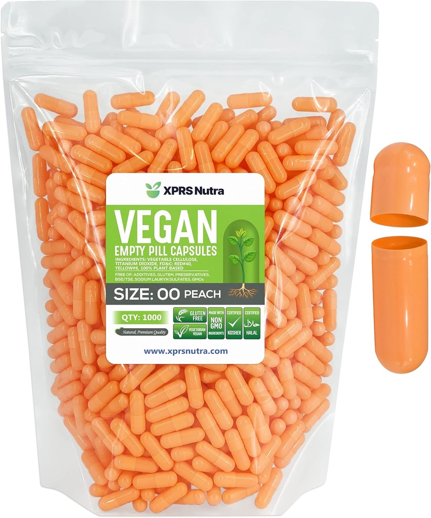 XPRS Nutra Größe 00 Leere Kapseln - 1000 Graf Leere Vegan Kapseln - Vegetarische leere Pillen - DIY Gemüse Kapsel Füllung- Veggie Pillen Caps (Peach)
