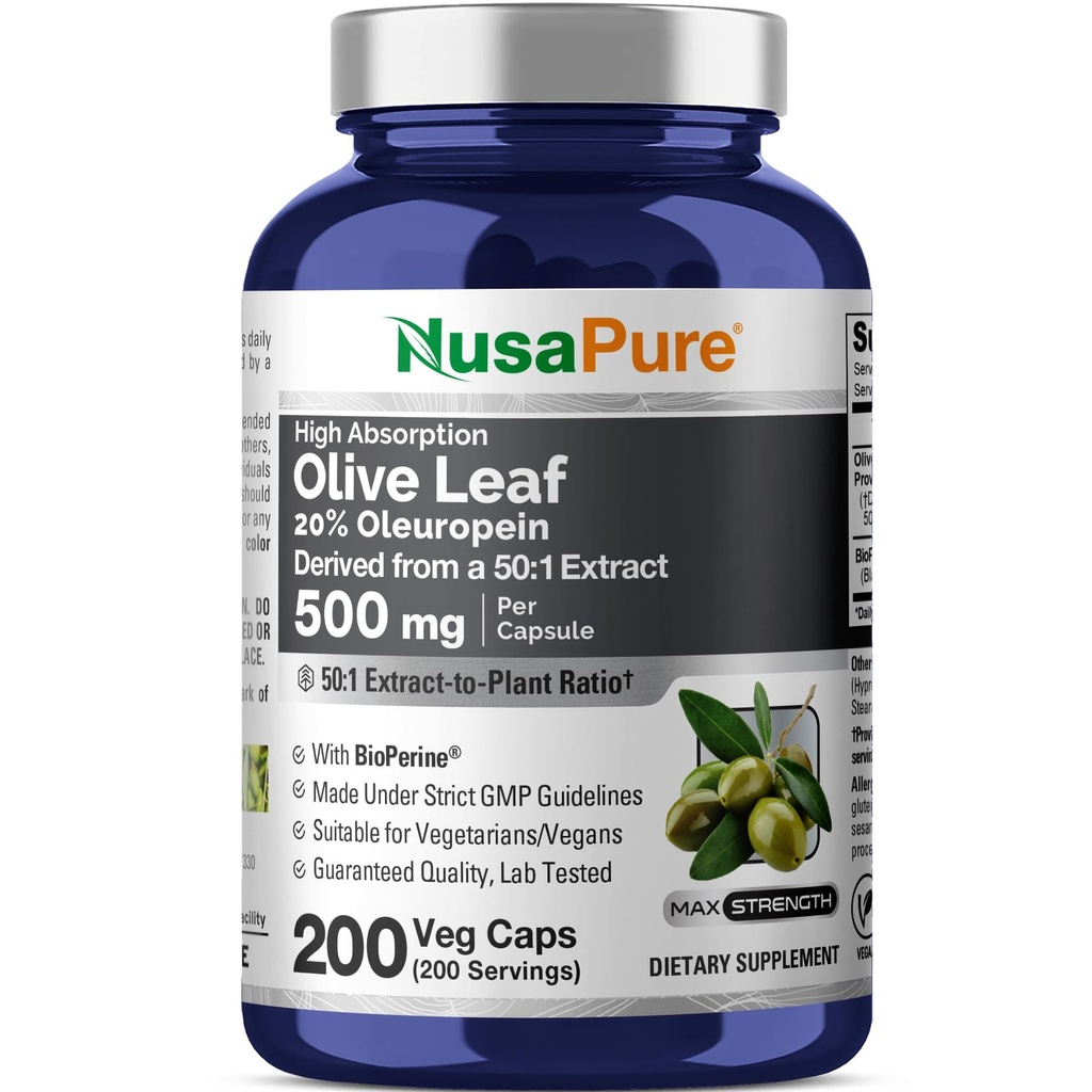NusaPure Olive Leaf 20% Oleuropein 50:1 Extrakt, 500 mg Äquivalent zu 25.000 mg 200 Veg Caps Geeignet für Vegetarier und Veganer, Non-GMO